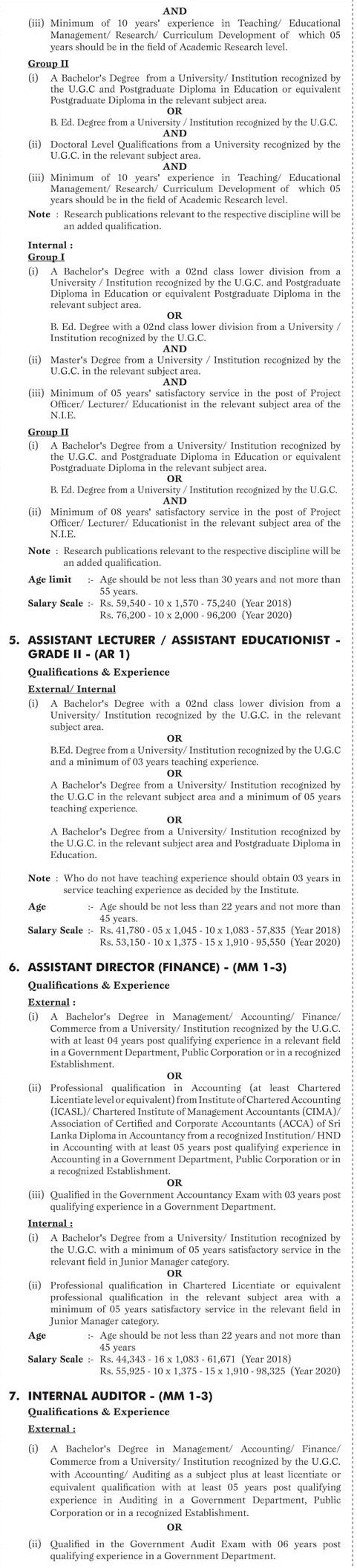 Library Assistant, Technical Assistant, Technical Officer, Internal Auditor, Director, Board Secretary, Senior Lecturer, Senior Educationist, Assistant Lecturer, Assistant Educationist, Assistant Director - National Institute of Education